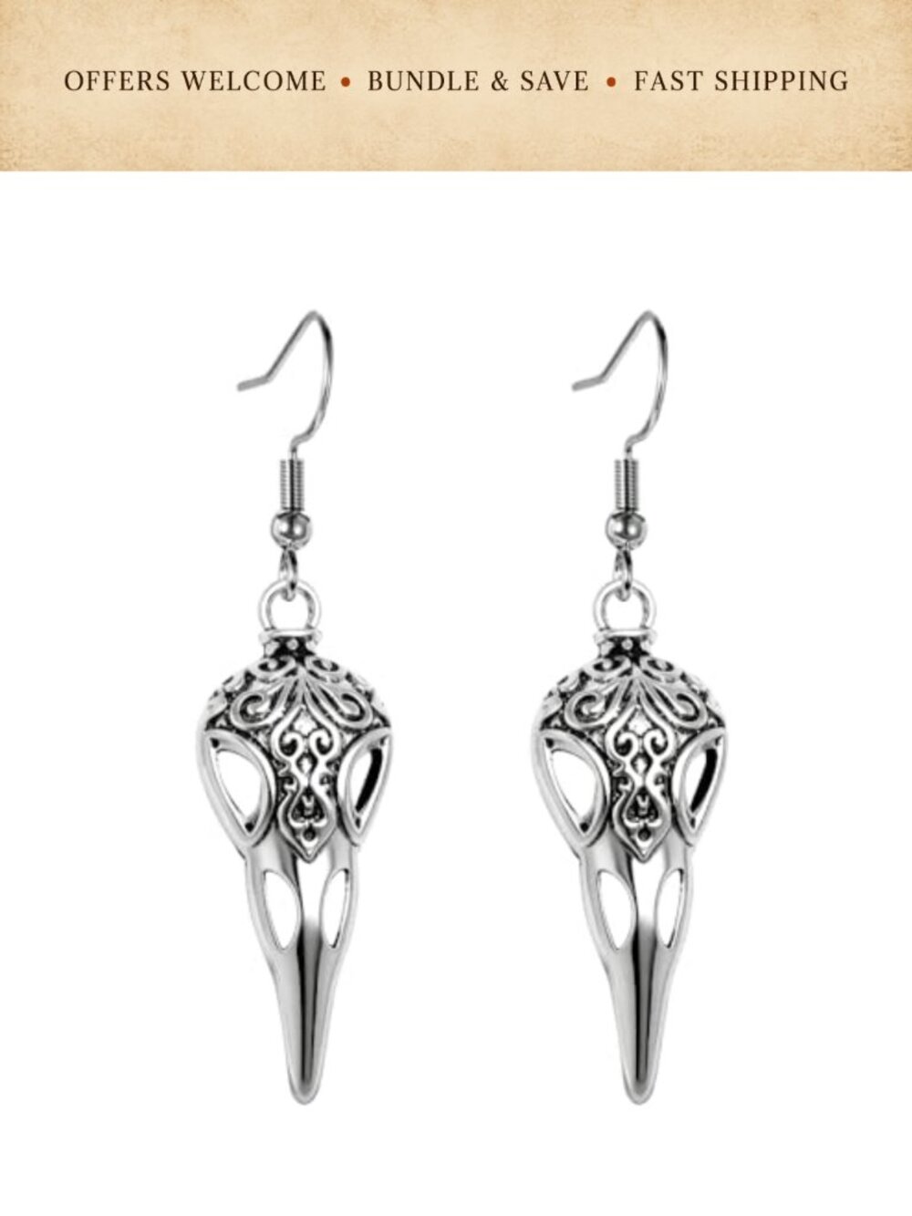 Raven Bone Dangle Drop Earrings Witch Crow Jewelry Gift Women